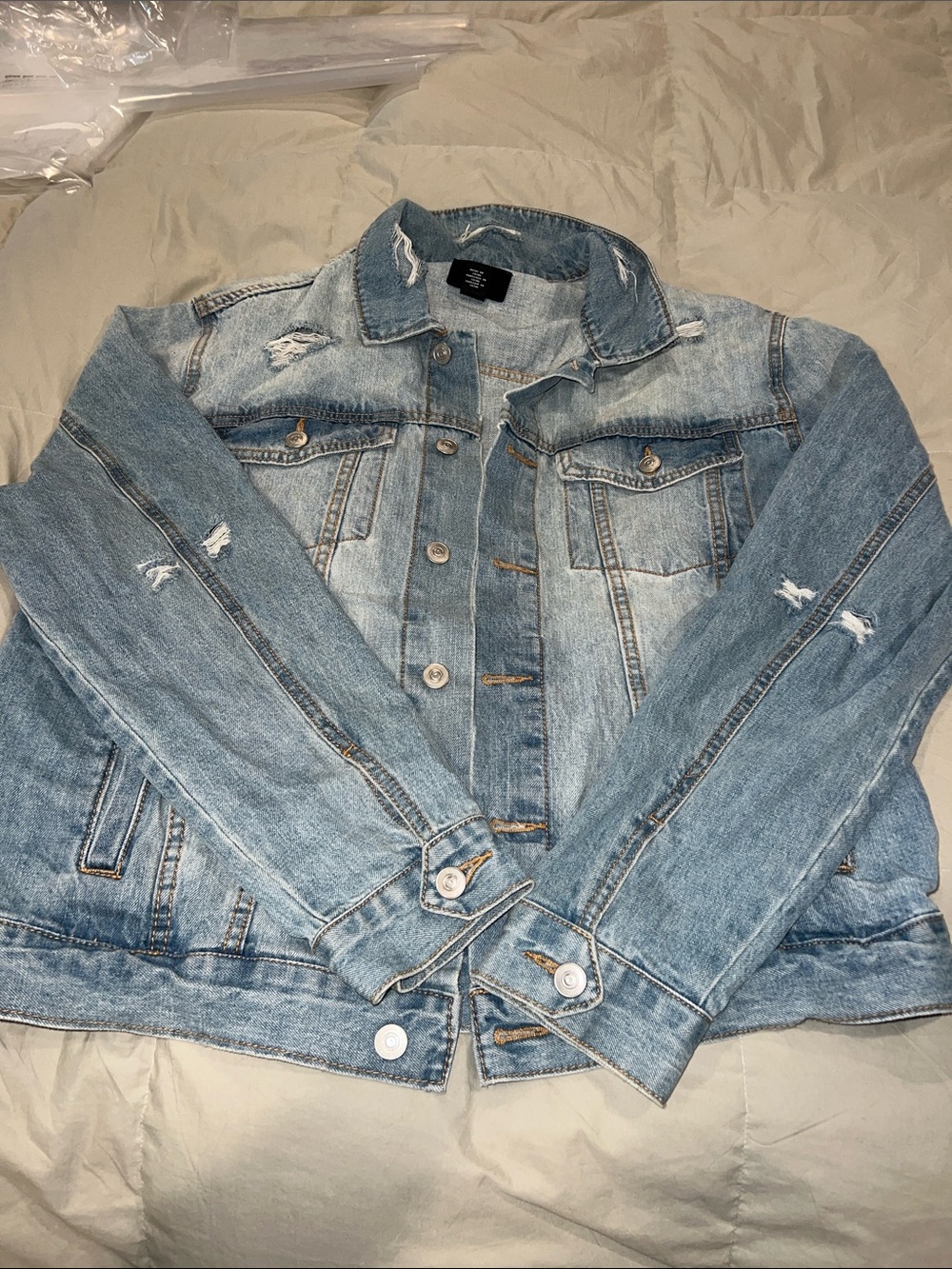Forever 21 Light Blue Distressed Denim Jacket - Men
